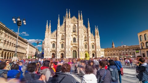 Milan Cathedral Hyperlapse Time lapse. People walking on Square Piazza Duomo di Milano and Gallery Vittorio Emanuele II, during the fashion week timelapse city.