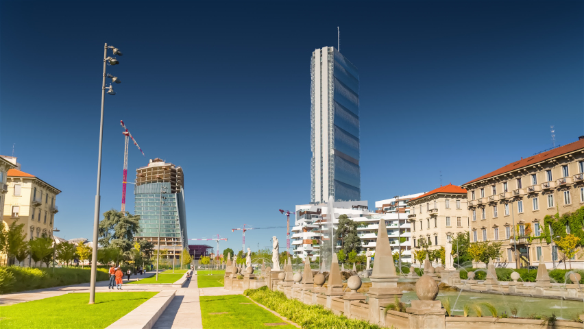 Milan Hyperlapse Time lapse, Milano City life urban development and construction. Working engineer cranes on a modern office building under construction Timelapse. Royalty-Free Stock Footage #1079165309