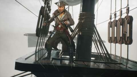 A jolly pirate on a ship during a storm trains with his saber. 3D computer graphics. 3D rendering. A pirate on his warship. The animation is perfect for pirate and adventure backgrounds.