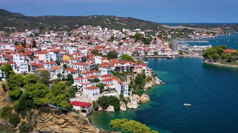 Aerial view of the beautiful town of Skiathos island, Sporades, Greece