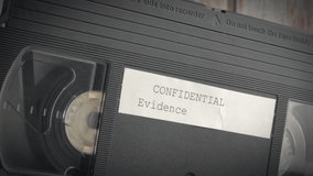 Closeup shot of a vhs cassette with a confidential evidence sign on it. The cassette is slowly rotating.