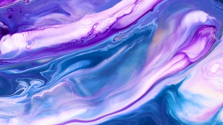 Fluid art drawing video, trendy acrylic texture with colorful waves. Liquid paint mixing artwork with splash and swirl. Detailed background motion with purple, turquoise and white overflowing colors.