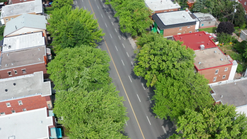 Aerial Drone of Boulevard Saint-Michel in the Rosemont Neighbourhood in Montreal Quebec During Summer