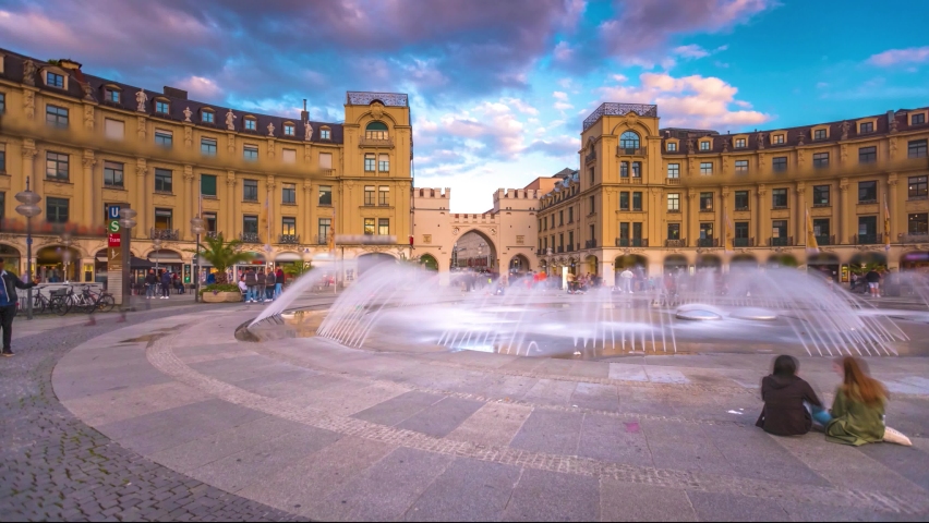 Karsplatz Stachus munich time lapse hyperlapse is a large square in central Munich, southern Germany. Munich city centr eold town marienplatz. Royalty-Free Stock Footage #1079168888