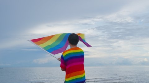 Slow motion 4K. Person holding lgbtq flag in hand. Female waving rainbow LGBT flag on sunset blue sky with pride. Lesbian, Gay, Bisexual, social movements. Freedom of love concept.