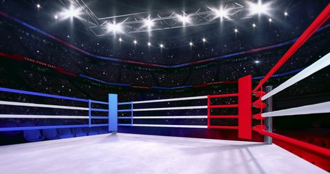 In the boxing ring. Animation of sport arena with fans and spotlights light up. Indoor sport 4k video background.