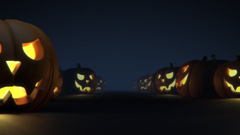 Seamless loop Halloween mood animation. Camera moves along pumpkins with glowing candles inside. Light reflections on the floor. Jack O Lantern face. Festive night party celebration. Horror mood 3D 4K