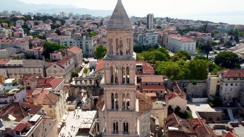 Drone view of the Catholic Cathedral in Split, Croatia. Drone shot of Split Cathedral. Cathedral of Saint Dujm in Croatia. Drone shot Croatian city of Split. Ruins of Diocletian's palace in the city.