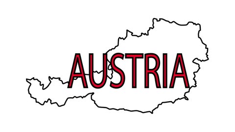The Austria country territory map self drawing animation. Red and white flag colours. 2d element. Name, title of Austria appearing.