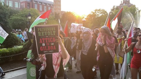 NYC, USA - SEPT 12, 2021: Palestinian rights protest (with audio) in Washington Square, New York City.