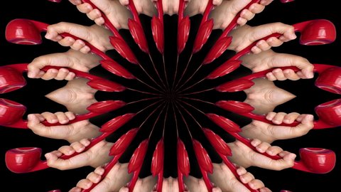Loopable footage of man's hands holding red vintage telephone handsets moving against a black background