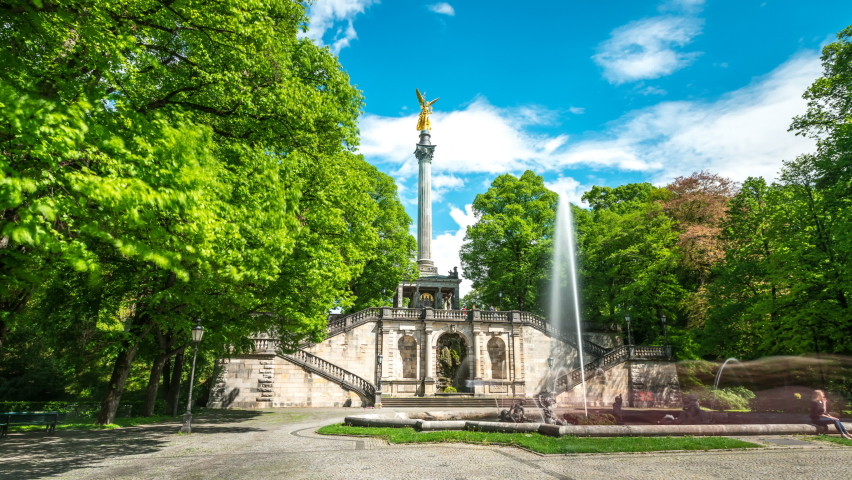 The Angel of Peace (Friedensengel) is a monument in the Munich suburb of Bogenhausen. Munich time lapse hyperlapse sommer clouds.