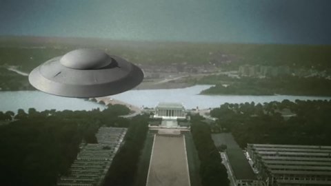 CIRCA 1956 - In this sci-fi film, civilians flee as flying saucers zero in on Washington DC and soldiers manage to crash one in the Potomac.