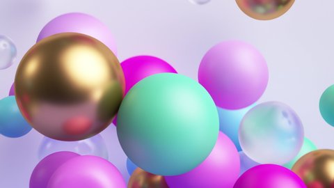 3d animation 4K. Abstract background with colorful balls falling down and jumping. Festive pink blue gold balloons