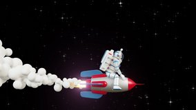 3D Astronaut riding a rocket in starry space. Spaceman cowboy straddled the rocket. 3D Looped animation with alpha channel.