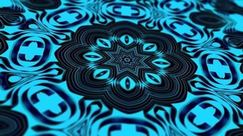 Kaleidoscopic structure with neon flash lights. Pattern like symmetrical radial ornament on blue plane like light bulbs or garland of lines. 4k abstract looped bg with flashing lines. Luma matte
