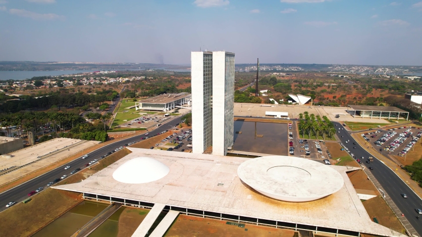 Brasilia Brazil. Panorama cycle aerial view of brazilian  government buildings at city of Brasilia, Federal District, Brazil. National Congress. Three Powers Square. Brasilia Brazil. Royalty-Free Stock Footage #1079214926
