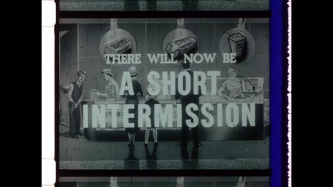 1950s Hollywood, CA. A SHORT INTERMISSION Title Card. Black and White Graphic depiction of Snack Bar or Concession Stand with White Text. 4K Overscan of Vintage Archival 16mm Film Print Look 