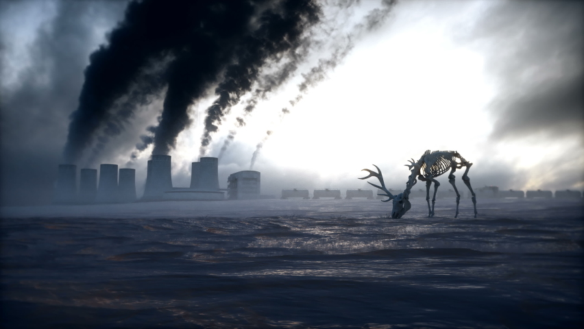 Ecology pollution concept. Dirty dark atmosphere. Deer skeleton. Ecological problem. Factory smoke.