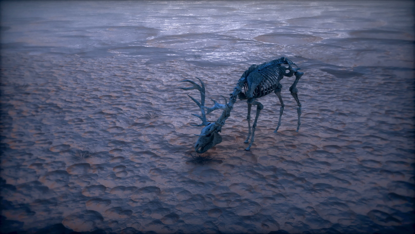 Ecology pollution concept. Dirty dark atmosphere. Deer skeleton. Ecological problem. Factory smoke.