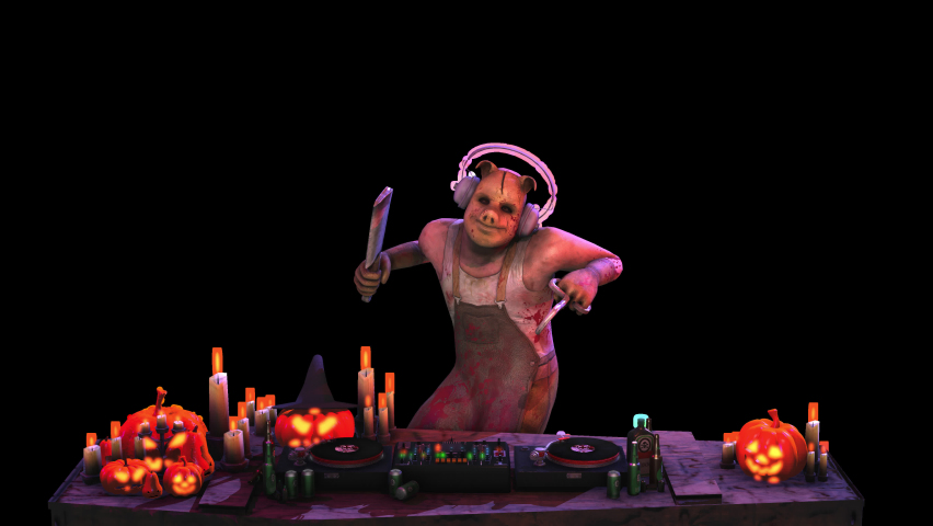 Seamless animation of butcher psycho killer djing with turntables isolated with alpha channel. Funny halloween background. Royalty-Free Stock Footage #1079234030
