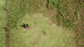 aerial video of a farmer mowing grass on farmland with a gasoline mower. Top-down view