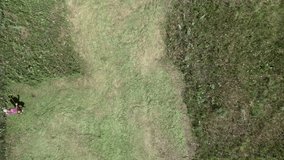 Time-lapse aerial footage video a farmer mows grass on an agricultural land with a petrol mower