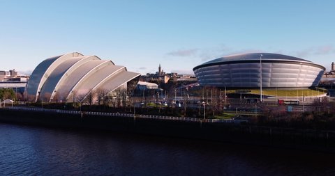 Glasgow, Scotland, UK June 2021. Stunning Aerial shots of Glasgow over river clyde at sunset featuring hydro and Glasgow Skyline.4k.  