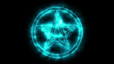 turquoise luminous mystic pentagram in circle - neon light - esoteric occult spiritual symbol - isolated on black background - 25 fps