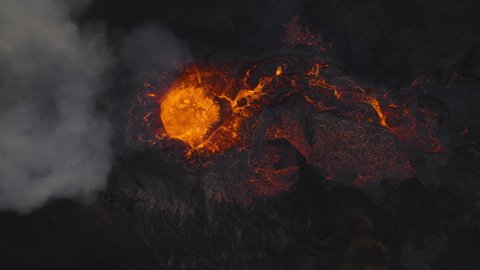 Overhead Drone Shot Of Molten Lava In Cauldron Of Erupting Fagradalsfjall Volcano In Reykjanes Peninsula, Iceland