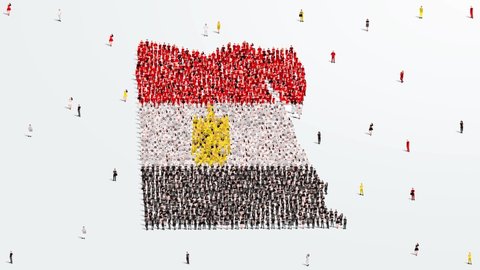 Egypt Map and Flag. A large group of people in the Egyptian flag color form to create the map. 4K Animation Video.