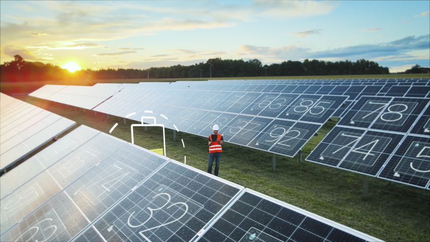 Engineer inspecting photovoltaic systems cell data and energy levels - 3d animation | Shutterstock HD Video #1079251310