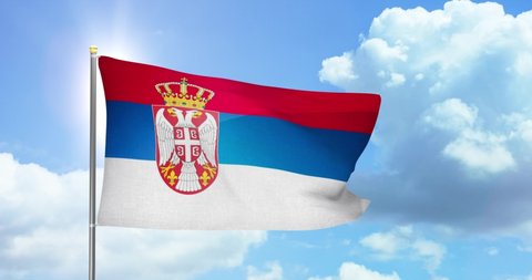 Serbia politics and news. Serbian national flag on sky background footage
