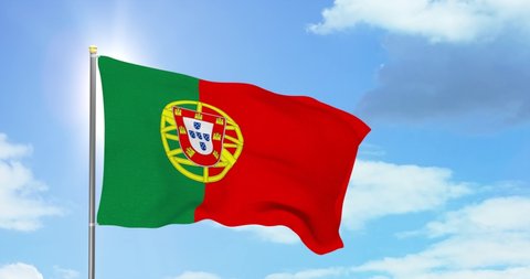 Portugal politics and news. Portuguese national flag on sky background footage
