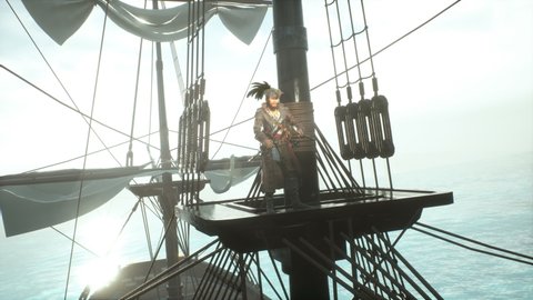 A formidable pirate on a ship looks through his spyglass. The man was created using 3D computer graphics. 3D rendering. The animation is perfect for pirate and adventure backgrounds.