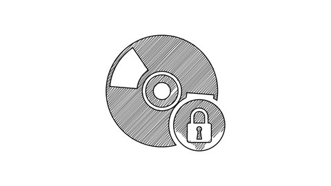 Black line CD or DVD disk with closed padlock icon isolated on white background. Compact disc sign. Security, safety, protection concept. 4K Video motion graphic animation.