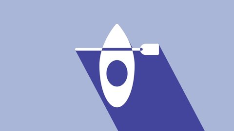 White Kayak and paddle icon isolated on purple background. Kayak and canoe for fishing and tourism. Outdoor activities. 4K Video motion graphic animation.