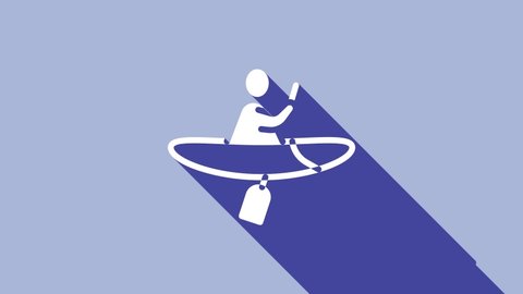 White Kayak and paddle icon isolated on purple background. Kayak and canoe for fishing and tourism. Outdoor activities. 4K Video motion graphic animation.
