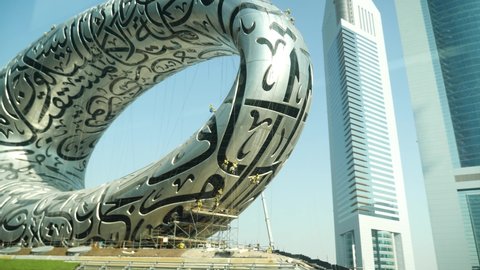 Dubai, United Arab Emirates - Sep 11, 2021: 4K Museum of the Future. Oval ring shaped museum in Dubai, UAE. Dubai famous Museum.