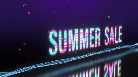 3D animation of SUMMER SALE colorful text word flicker light animation loop with digital effect and Burning Hot Sparks Fire background 4k 3d seamless looping SUMMER SALE glitter effect element for int