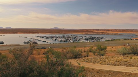 Marina at Lake Powell, Arizona, with House Boats. Low water level due to drought.