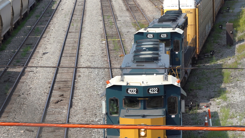 Buffalo, New York - August 28, 2021: Trains sitting in the rail yard switching station in Buffalo, New York.