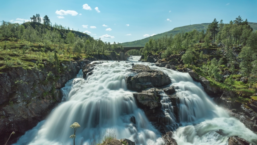 Waterfall long exposure time lapse in scenic landscape