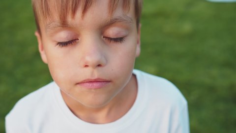 Close-up of the face of a cute little boy. He stands on the green grass with his eyes closed, then opens them and smiles. He has a kind, honest and sincere look