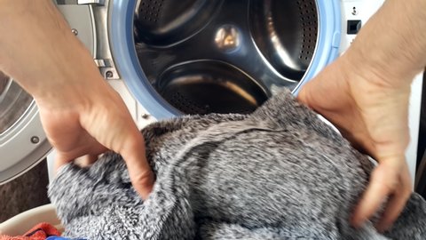 Washing machine with the door open. Hands throw dirty clothes into the drum. Everyday household chores.