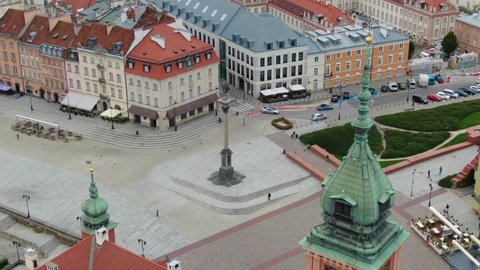 Aerial view of the Sigismund's Column statue on Castle Square in Warsaw, Poland