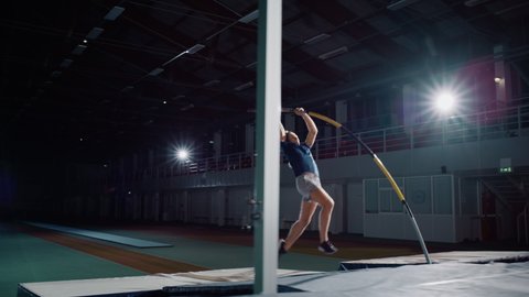 Pole Vault Jump: Professional Male Athlete Running with Pole Jumping but Hitting Bar. Motivation, Endevaor, Perseverance of Champion. Positive Person Training, Not Scared of Failure and Obstacles
