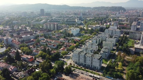 Bezigrad district, a large green residential district in Ljubljana, Slovenia. Aerial view, city skyline.