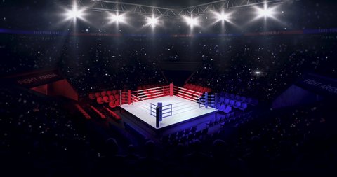 Boxing ring from upper view. Animation of sport arena with fans and spotlights light up. Indoor sport 4k video background.