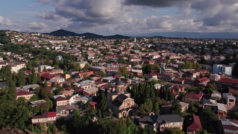 Kutaisi town near the sunset from drone view